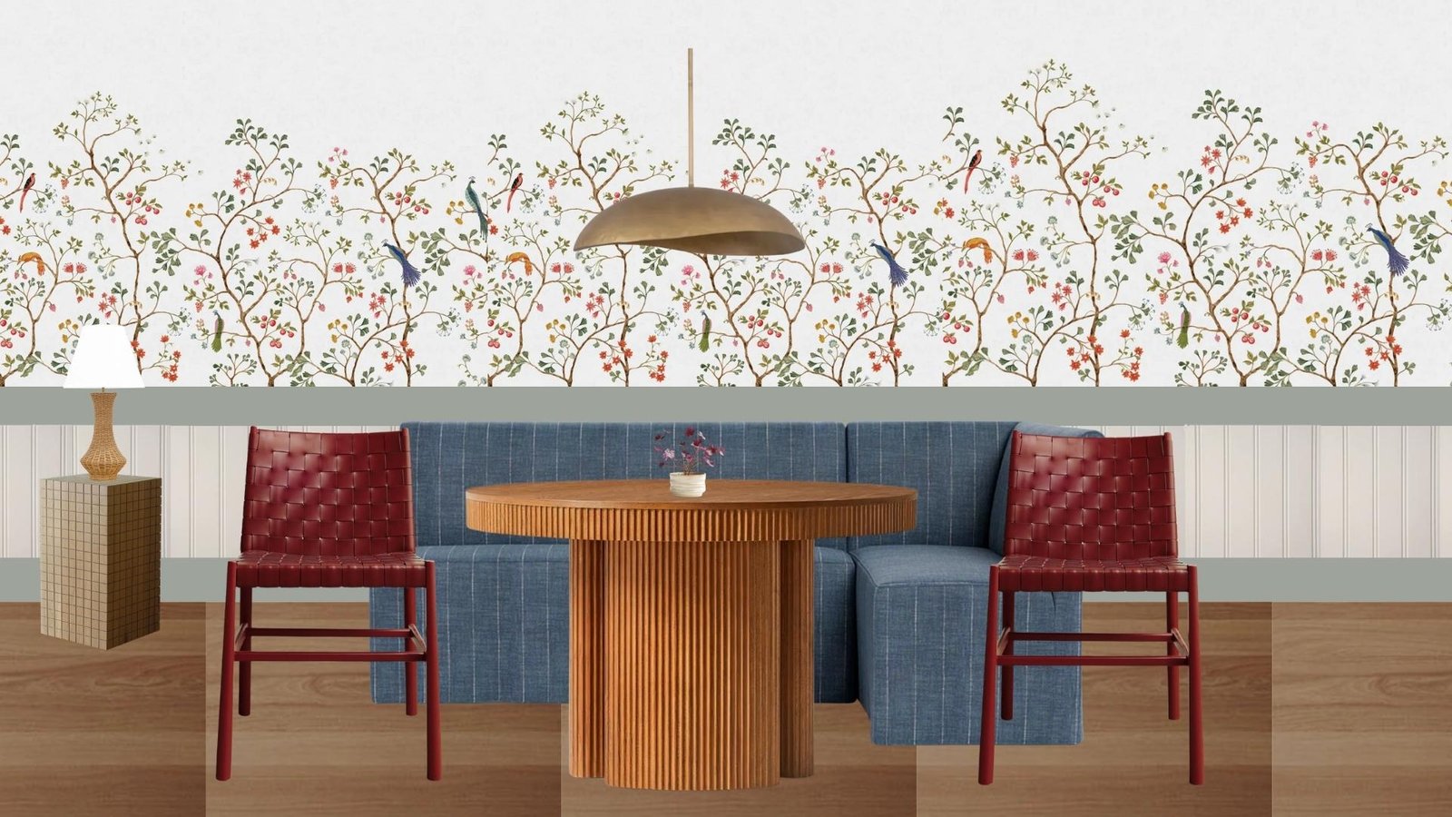 Interior design mood board with botanical wallpaper, a blue banquette, red woven chairs, a fluted wood table, and a sculptural brass pendant.