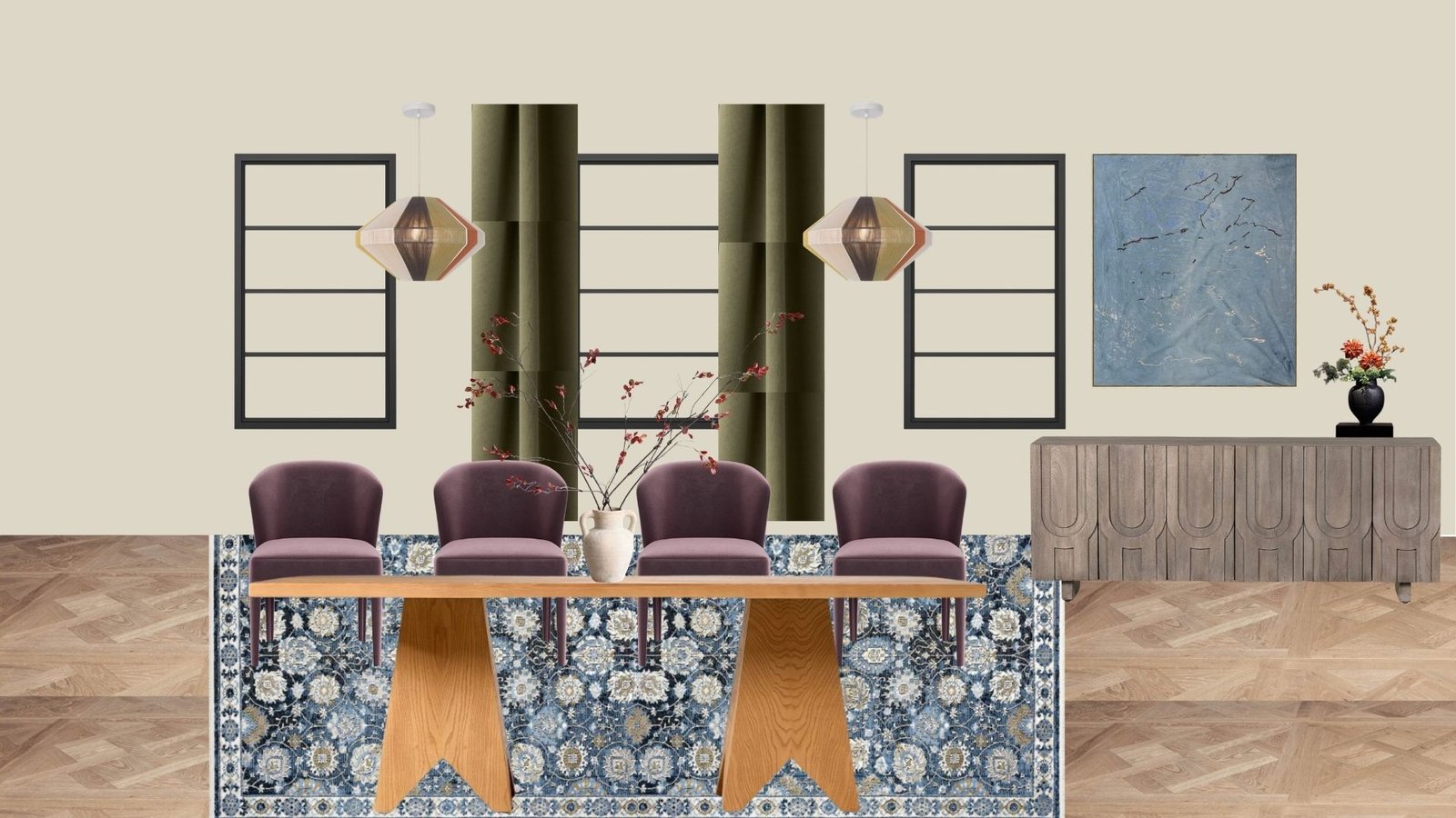 Modern eclectic dining room mood board with plum chairs, a sculptural wood table, olive curtains, patterned blue rug, and geometric pendant lights.